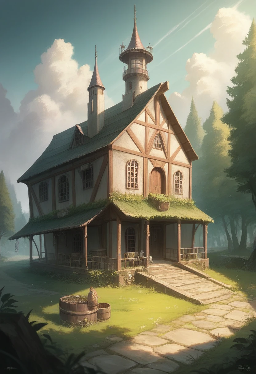 4k, realistic, very detailed, wide angle lens, moist medieval town, vibrant, fantastical plants, a big house, Makoto Shinkai style, anime background, concept art, (no characters appearing), realistic lighting, epic composition, diffuse, (masterpiece, best quality), super hd, 32k --v 6 shy blonde boy smille