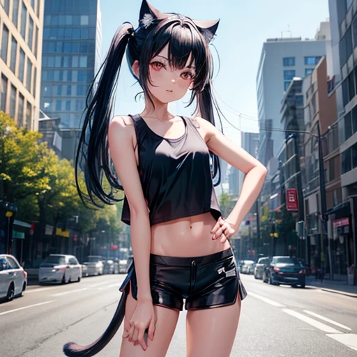 (8K, RAW photograph, Highest quality, masterpiece:1.3),(Genuine,photograph:1.37),(Black Hair),Pause,One girl,Very beautiful face,cute,(small),(Hands down))),Poggy Hairstyle,Random representation,(White T-shirt),ＪＫ_style,(Track Shorts) ,Black Hair,(19 years old),moderate,Five Fingers,Normal hand,small Mouth,Straight hair　Dark blue hair girl, Cat ears and tail, Wearing a tank top and racing pants.　Loli body type　　Twin tails　Female genitalia is visible　　Detailed depiction of female genitalia　Flat Chest　Stern expression　With legs apart