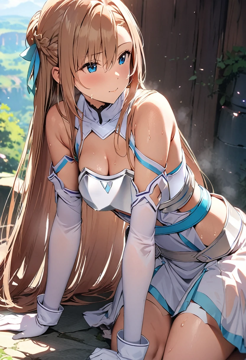 ((masterpiece)), Highest quality, Very detailed,(One Girl),Yuki Asuna、Asuna (stay), bare shoulders, breastplate, armor, detached sleeves, gloves, white gloves, dress, red and white dress, Long Hair,Beautiful background ,Clothing, chest, Bent body, Look to the side, Hot body、Sweaty、
