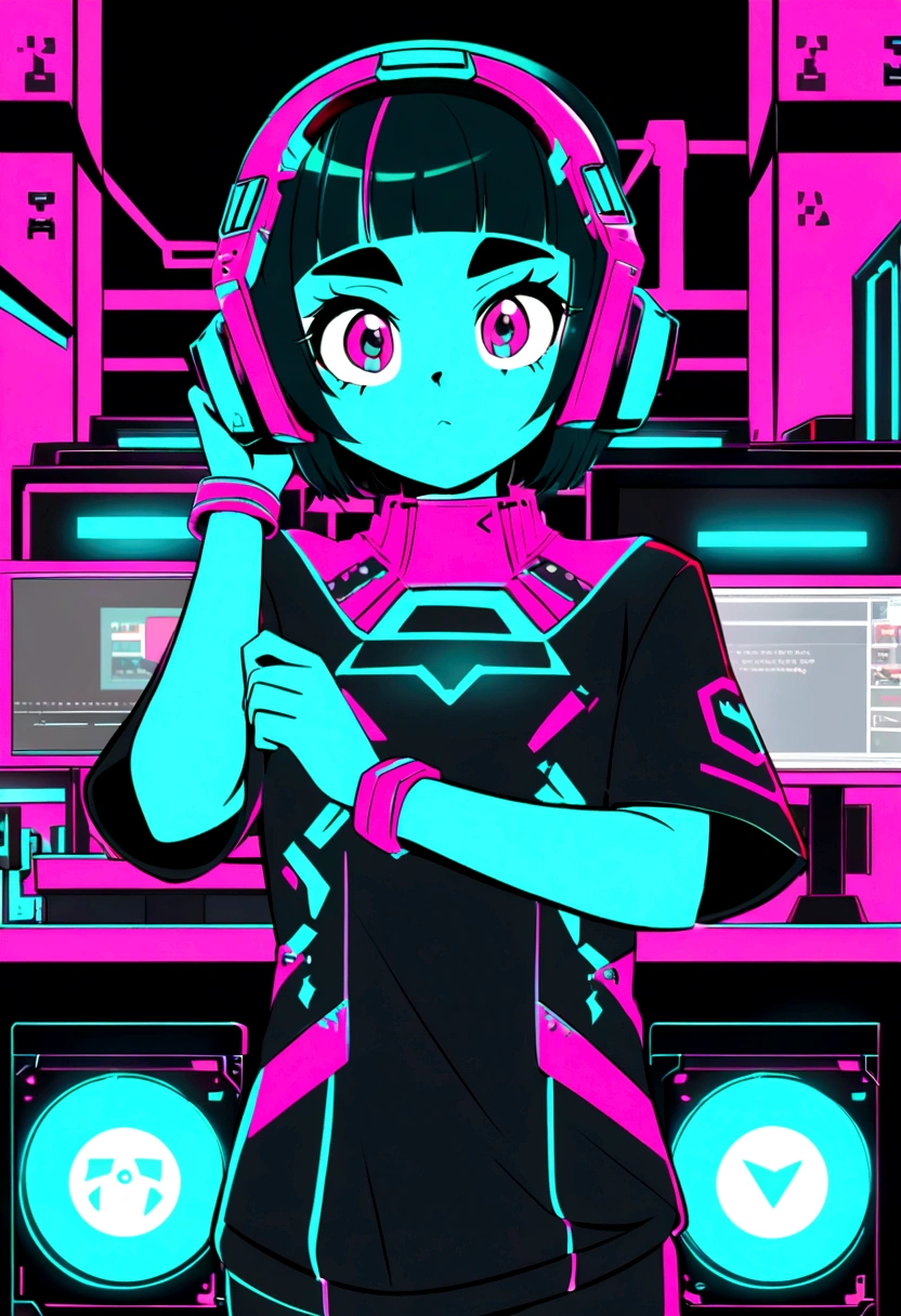 4 cards cartoon style, cyber punk, short hair, Thick eyebrows, Digital Punk, Anime Style 4k, Short sleeve gaming wear, Black Hair, Computer Lab, Over-the-head gaming headset