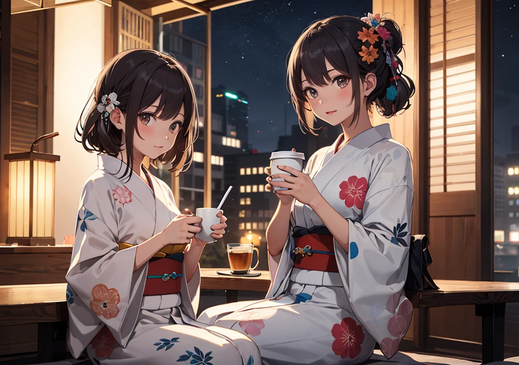 ((Highest quality)), ((masterpiece)), (detailed), One girl, yukata, Drink coffee, night,indoor, Perfect Fingers
