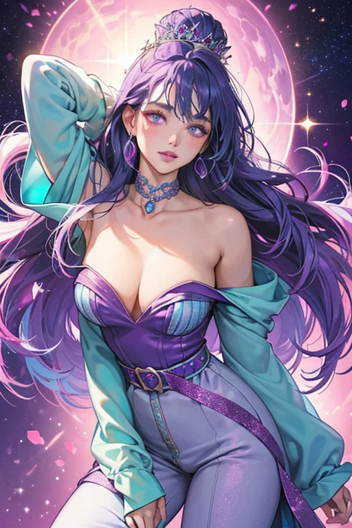 Cosmic Queen has fair skin with indigo eyes and violet lipstick. Her blushed cheeks are faint purple. She has glittering turquoise hair worn in several vertical rolls. She wears a glittery purple jumpsuit with a single sleeve, a silver belt, and silver cowboy boots. She also wears white sunglasses with pink heart-shaped lenses. PARKLE; GLITTER