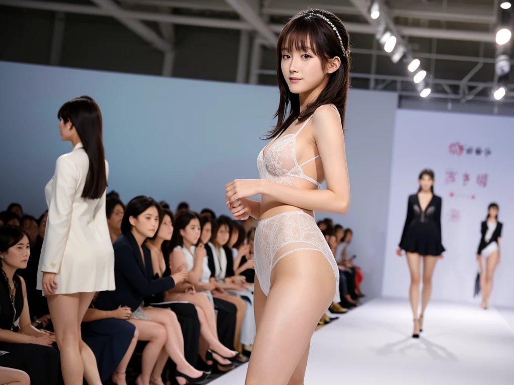 A live-action photo of an extremely beautiful Japanese high school girl race queen who highlights her beautiful legs、She was photographed walking down the runway at a fashion show wearing Gooseberry Lingerie's new underwear.、She is an eternal idol who combines a clean look with modern charm.。 She creates such beauty。 She feels her own warmth。 She creates a warm atmosphere。 We create beauty。 That's what I want to say。 In her full body photo、The figure features porcelain-like skin and golden hair that radiates a soft glow.。 This is probably、It captured the essence of her timeless charm.、This is the best shot ever.。 Each straight line and curve is carefully expressed.、Breathtakingly beautiful with impeccable detail。 This piece perfectly captures her timeless beauty.。 Divine Proportions、Sharp focus、Full-body photo taken by Kishin Shinoyama、high quality、High resolution、Detailed Background