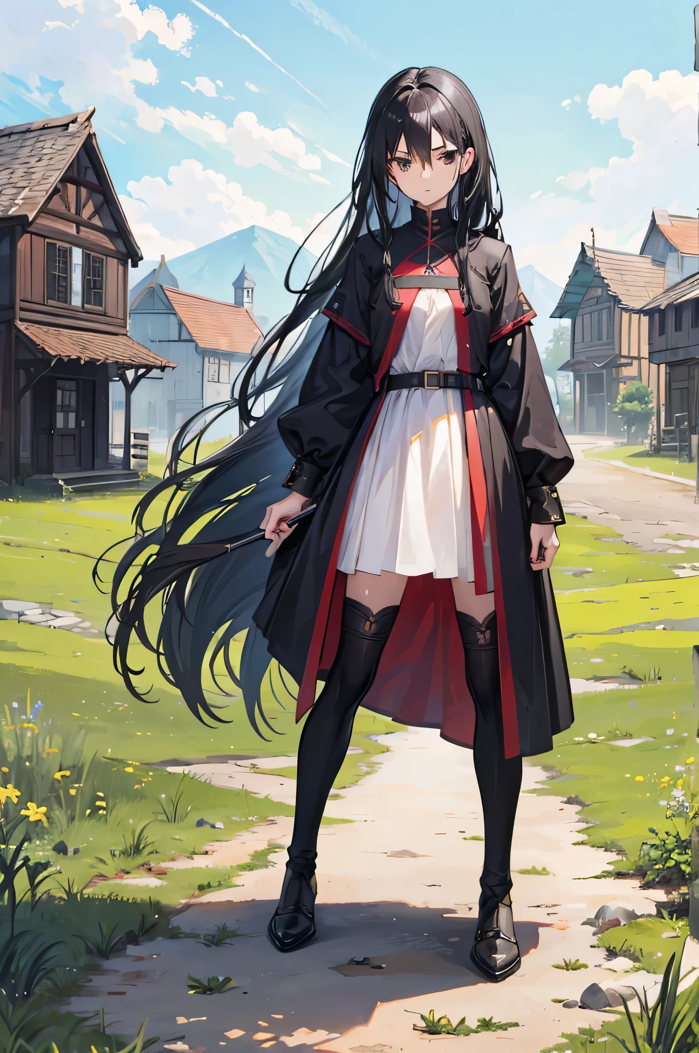 1girl, black hair, black eyes, long hair, adventurer, full body, standing, upright, medieval setting, small village, wooden buildings, grass, dirt, good proportions, detailed face, looking towards the viewer, serious expression
