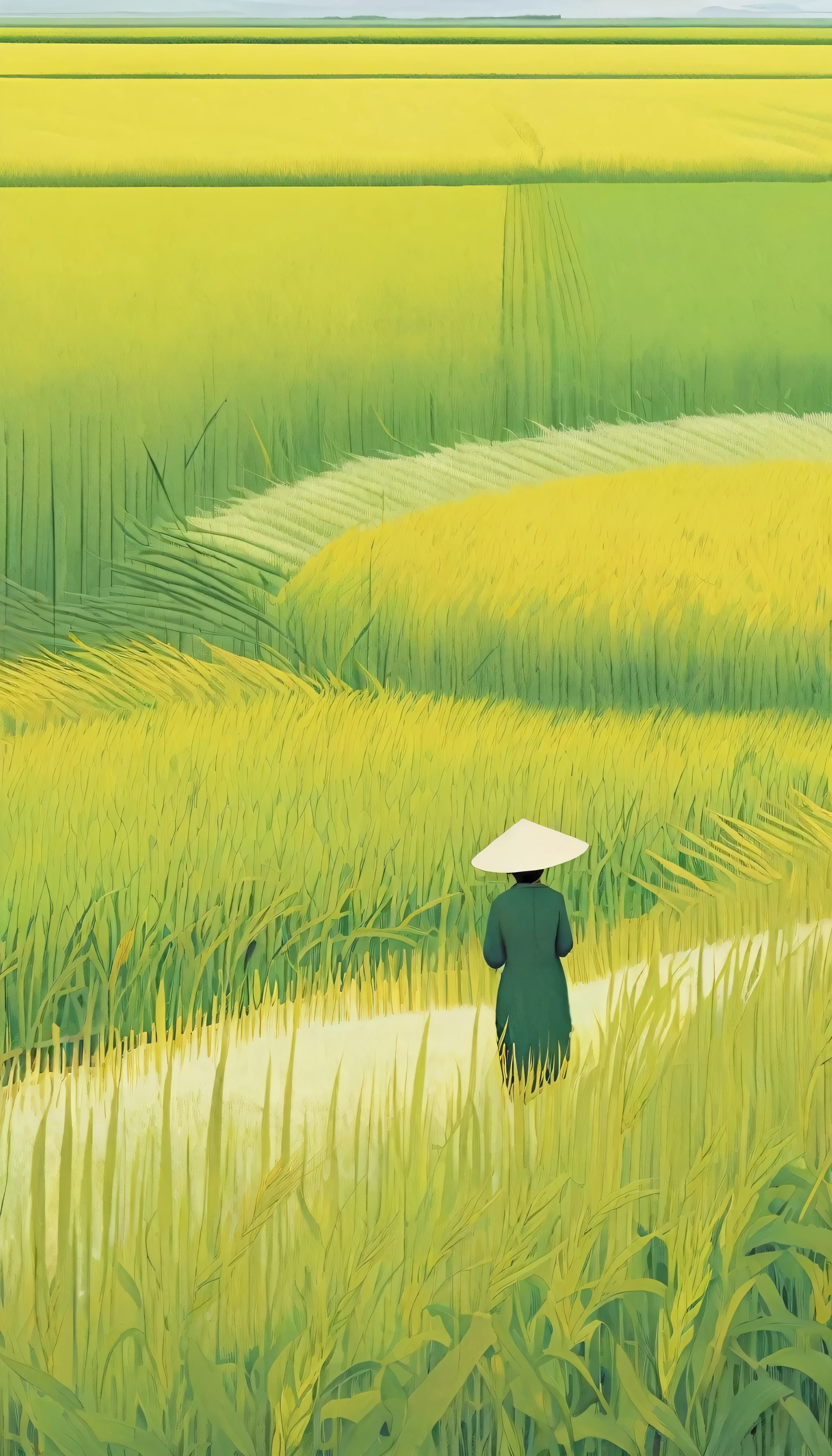 A beautiful illustration, Endless rice fields, half yellow half green, Will Barnett (Will Barnet) modeling, Attached are 50D movie stills, Idyllic, Rural, panoramic,