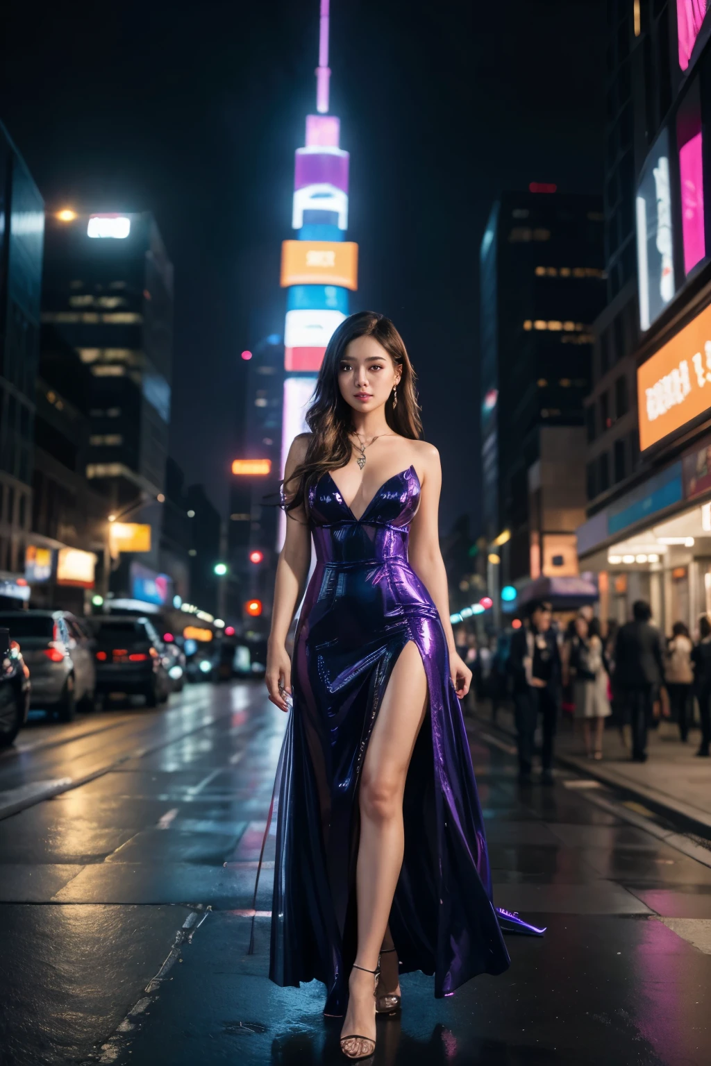 A beautiful beautiful lady walking with in elegant evening dress in a bustling city, neon lights, dreamy glow, skyscrapers, streets with great detail, soft and surreal shadows, vibrant colors, urban exploration, reflective surfaces, Orton effect, Sony a7R IV, Meike 85mm F1.8, UHD