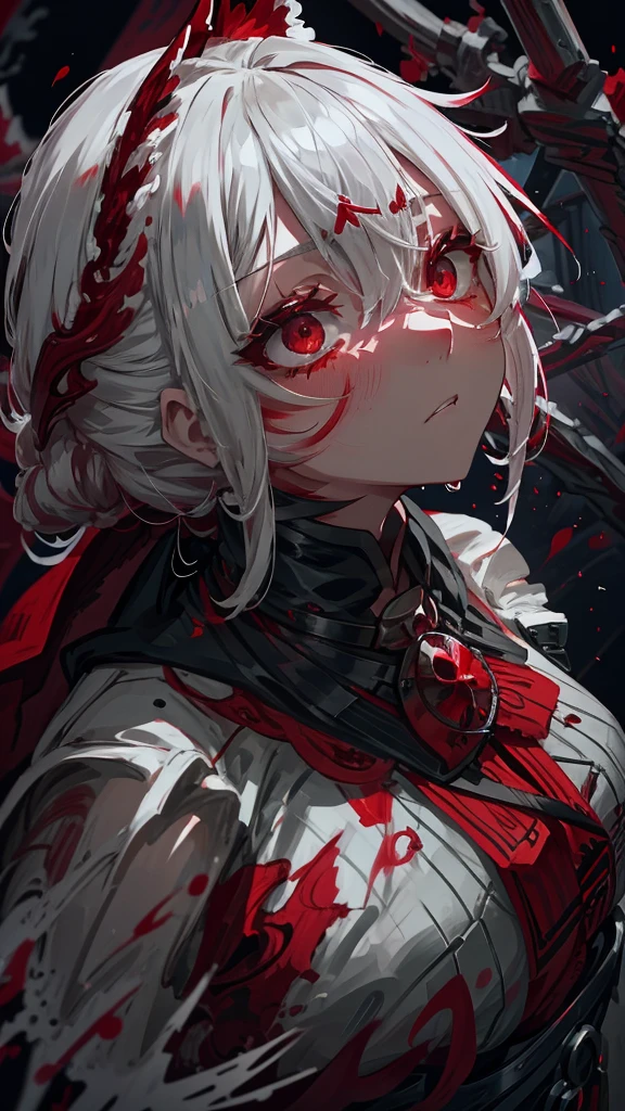 a close up of a woman with white hair and red roses in her hair, gothic maiden anime girl, with glowing red eyes, luminous red eyes, with red glowing eyes, guweiz, stunning anime face portrait, artwork in the style of guweiz, 1 7 - year - old anime goth girl, with red eyes, demon anime girl, blood red eyes