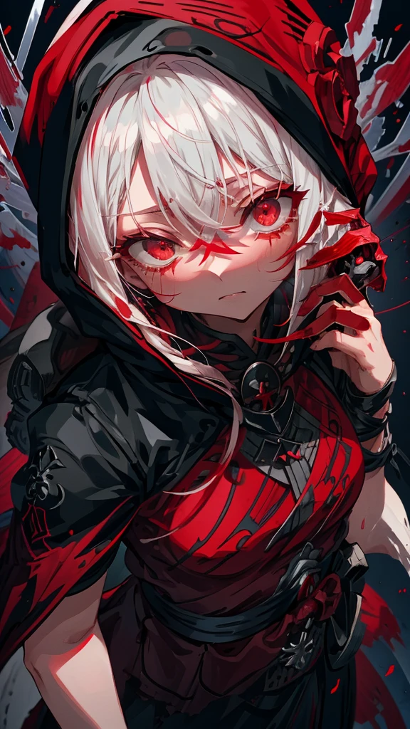 赤いフードとRed eyesをしたアニメの女の子が食べ物を食べている, from East, Bloody Eyes, Pixiv, thief Little Red Riding Hood, red blood tears, 血のようにRed eyes, Red tears, Little Red Riding Hood, My eyes are completely red, East project, East, Red eyes, Pixiv style, Bright red eyes, at Pixiv, change