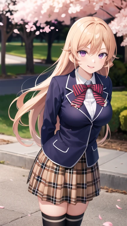 masterpiece, best quality, highres, aaerina, long hair, red bow, striped bow, blazer, blue jacket, long sleeves, plaid skirt, brown skirt, black thighhighs, smile, arms behind back, cherry blossoms, standing, outdoors, bent over,