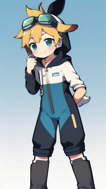 2D Boy Shota,One-piece mountaineering suit,Slim, healthy body,Put the headphones on your head,stand up,goggles,Rabbit ears,happy,Sailor collar,tie,Zipper pulled down,boots,hood