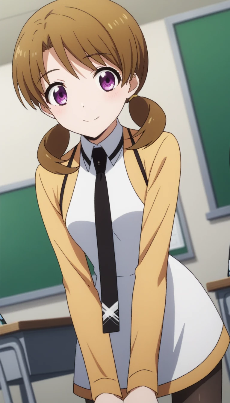 score_9, score_8_up, score_7_up, source_anime,
honokamitsui, honoka mitsui, bangs, brown hair, twintails, purple eyes, low twintails,
long sleeves, dress, , pantyhose, necktie, white dress, black necktie,
indoors, classroom, bent over, smile,
solo, dutch angle, looking at viewer, cowboy shot,