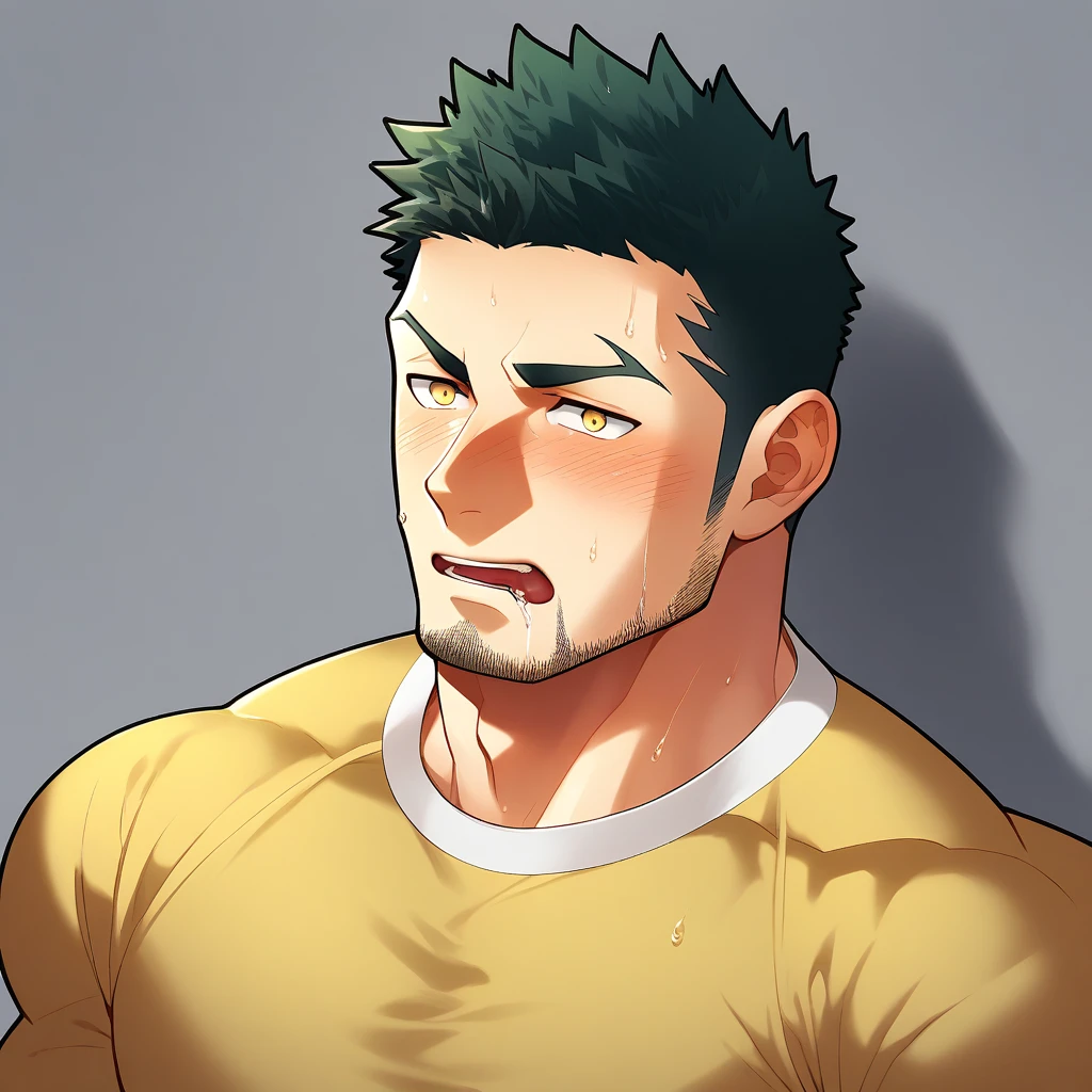 anime characters：Gyee, Priapus, Muscle Sports Student, 1 muscular tough guy, Manliness, male focus, Light yellow high collar long sleeve tight T-shirt, Very tight, The clothes were soaked with sweat, The pectoral muscles are oversized, Slightly transparent, muscular male, muscular, only, Upper body, alone, Black short hair, Thick eyebrows, stubble, Yellow eyes, Grey background, simple background, amazing quality, best aesthetics, Ridiculous, bright pupils, crew cut, parted lips, shy, blush, Moan in pain, moaning, saliva, drooling, saliva trail, drop shadow, best quality