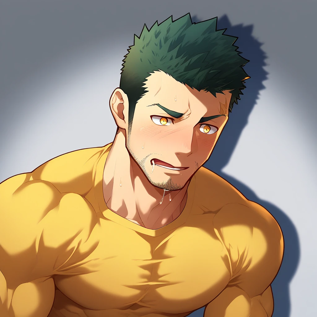 anime characters：Gyee, Priapus, Muscle Sports Student, 1 muscular tough guy, Manliness, male focus, Light yellow high collar long sleeve tight T-shirt, Very tight, The clothes were soaked with sweat, The pectoral muscles are oversized, Slightly transparent, muscular male, muscular, only, Upper body, alone, Black short hair, Thick eyebrows, stubble, Yellow eyes, Grey background, simple background, amazing quality, best aesthetics, Ridiculous, bright pupils, crew cut, parted lips, shy, blush, Moan in pain, moaning, saliva, drooling, saliva trail, drop shadow, best quality