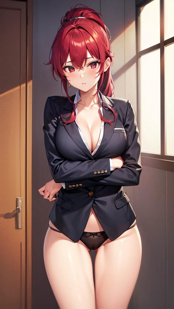 1girl, underwear, tight shirt, open blazer, lingerie, big chest, long torso, red hair, ponytail, shiny skin, cupboard stretching upwards