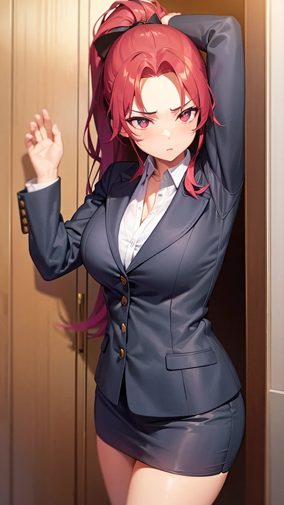 1girl, underwear, tight shirt, open blazer, lingerie, big chest, long torso, red hair, ponytail, shiny skin, cupboard stretching upwards