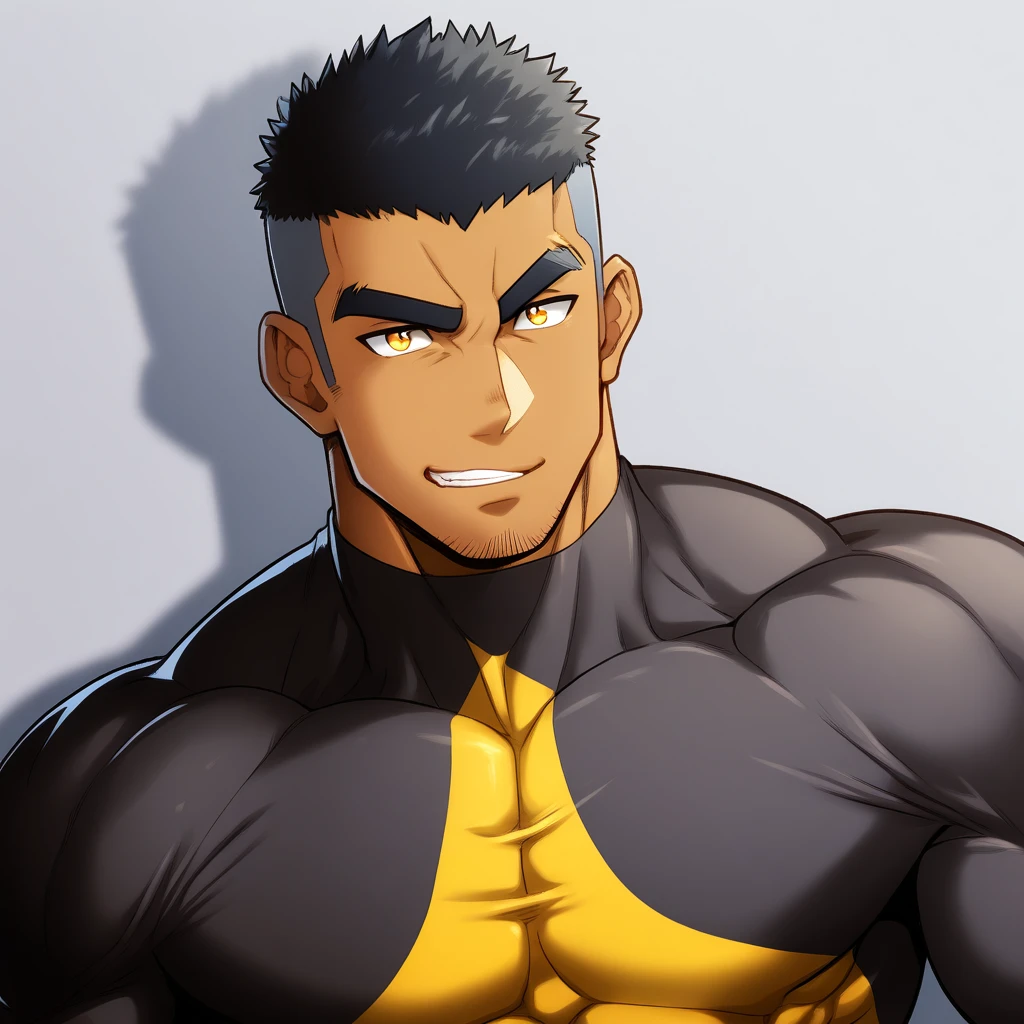 anime characters:Gyee, Muscle Sports Student, negro black skin, 1 dark skin muscular tough guy, Manliness, male focus, Yellow and black striped high collar long sleeve tight T-shirt, Slightly transparent material, Very tight, Round, full and perky chest muscles, Slightly transparent, muscular male, muscular, only, Upper body, alone, Black short hair, Thick eyebrows, stubble, Yellow eyes, Grey background, simple background, amazing quality, best aesthetics, Ridiculous, bright pupils, crew cut, parted lips, seductive smile, torogao, naughty face, drop shadow, best quality