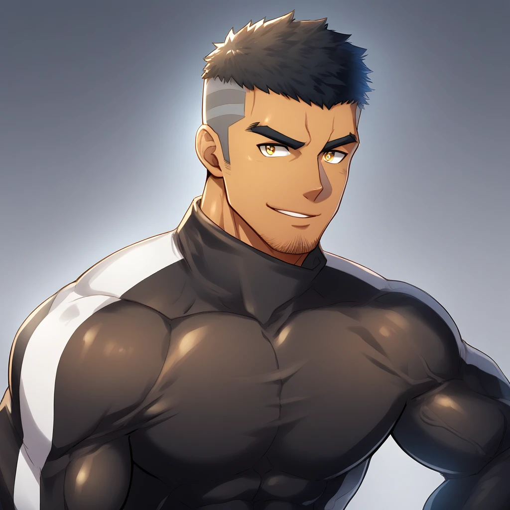 anime characters：Gyee, Muscle Sports Student, negro black skin, 1 dark skin muscular tough guy, Manliness, male focus, Yellow and black striped high collar long sleeve tight T-shirt, Slightly transparent material, Very tight, Round, full and perky chest muscles, Slightly transparent, muscular male, muscular, only, Upper body, alone, Black short hair, Thick eyebrows, stubble, Yellow eyes, Grey background, simple background, amazing quality, best aesthetics, Ridiculous, bright pupils, crew cut, parted lips, seductive smile, torogao, naughty face, drop shadow, best quality