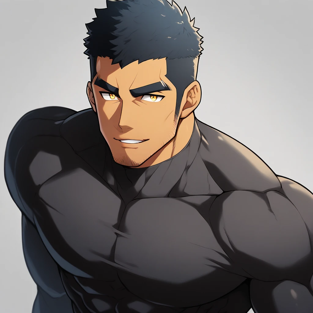 anime characters:Gyee, Muscle Sports Student, negro black skin, 1 dark skin muscular tough guy, Manliness, male focus, Yellow and black striped high collar long sleeve tight T-shirt, Slightly transparent material, Very tight, Round, full and perky chest muscles, Slightly transparent, muscular male, muscular, only, Upper body, alone, Black short hair, Thick eyebrows, stubble, Yellow eyes, Grey background, simple background, amazing quality, best aesthetics, Ridiculous, bright pupils, crew cut, parted lips, seductive smile, torogao, naughty face, drop shadow, best quality