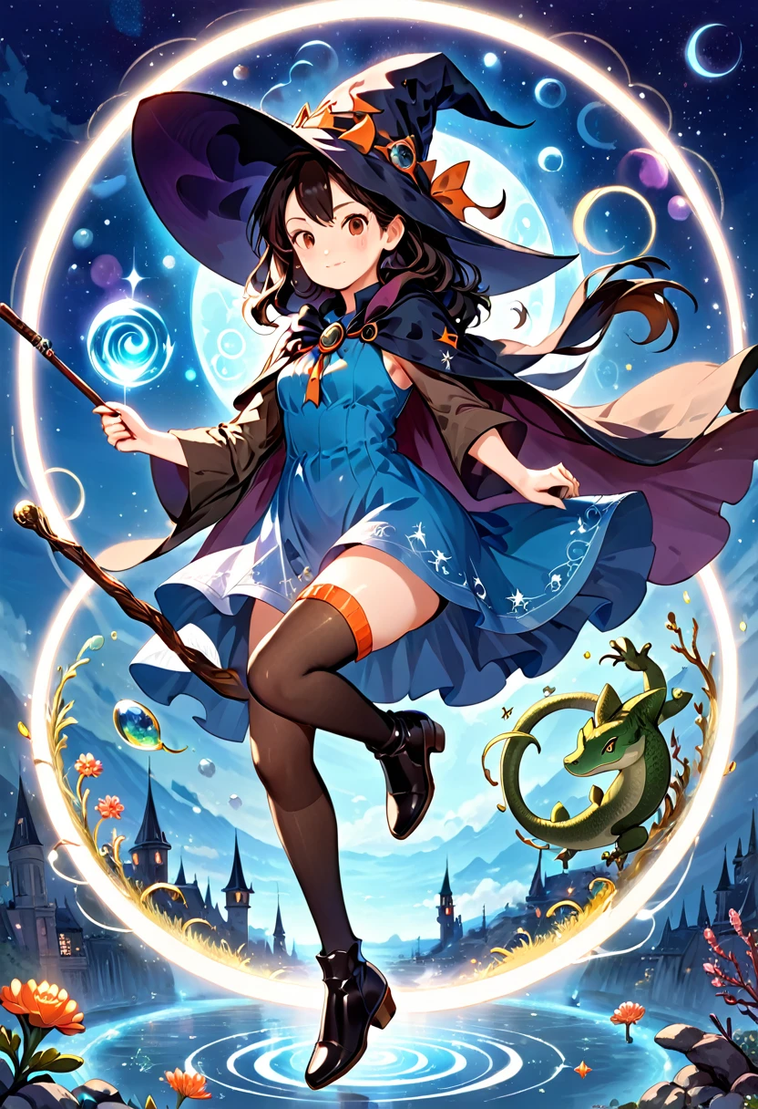 A beautiful witch in the style of Studio Ghibli, 1.55 tall, , medium-length black hair, light brown eyes, fair skin, wearing a knee-length transparent blue dress, black stockings and dark brown boots, a black and cinnamon cloak, a light brown handbag and a magic wand made of coral lizard. 8k image, ((highest quality)),(ultra high resolution),(Super detailed),(detailed description),((best GC)),(best artwork),super art precision,great drawing- art(Fantasy art with precise details:1.5),(witch:1.6),(and pretty cute shaped face:a 1.5),(Magic circle floating:1.6),dynamic pose:1.5,boots:1.3, magic circle, final fantasy XV style, 4K, super sexy, without panties