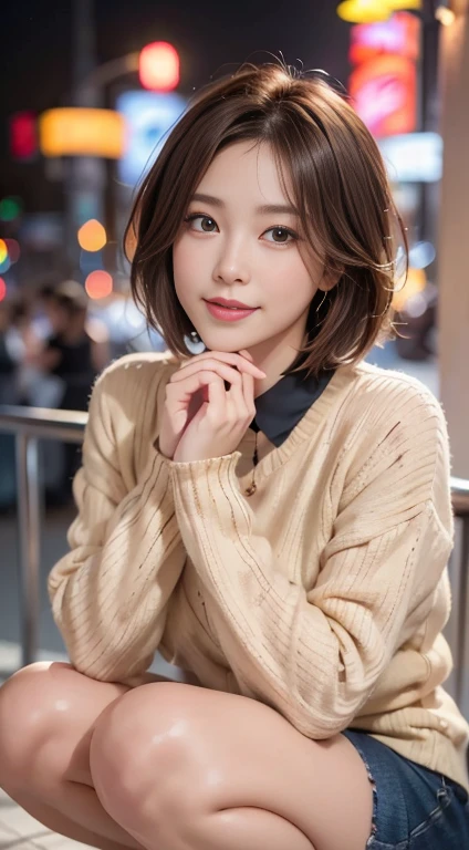 (8K, Highest quality, masterpiece: 1.2), Super detailed, Highest quality, Ultra-high resolution, Professional Lighting, Photon Mapping, Radio City, Physically Based Rendering, Cinema Lighting, Depth of written boundary, focus on, (Bokeh: 1.2), 1. Female, (whole body), plump, Brown bob hair, Half Squat, smile, Beautiful Eyes, coastal,Thin long knit sweater,