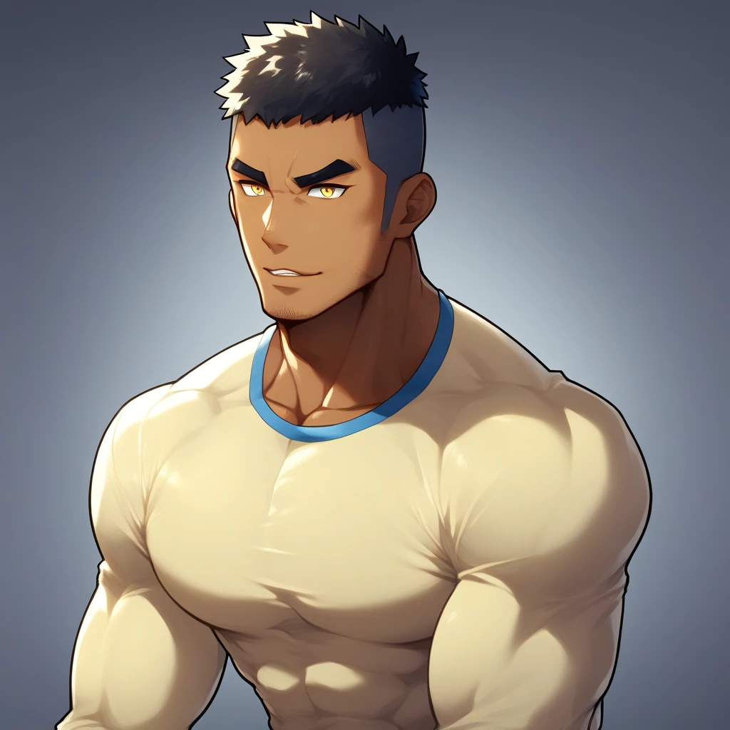 anime characters:Gyee, Muscle Sports Student, ????? black skin, 1 dark skin muscular tough guy, Manliness, male focus, Light yellow high collar long sleeve tight T-shirt, Slightly transparent material, Very tight, Round, full and perky chest muscles, Slightly transparent, muscular male, muscular, only, Upper body, alone, Black short hair, Thick eyebrows, stubble, Yellow eyes, Grey background, simple background, amazing quality, best aesthetics, Ridiculous, bright pupils, crew cut, parted lips, seductive smile, torogao, naughty face, drop shadow, best quality