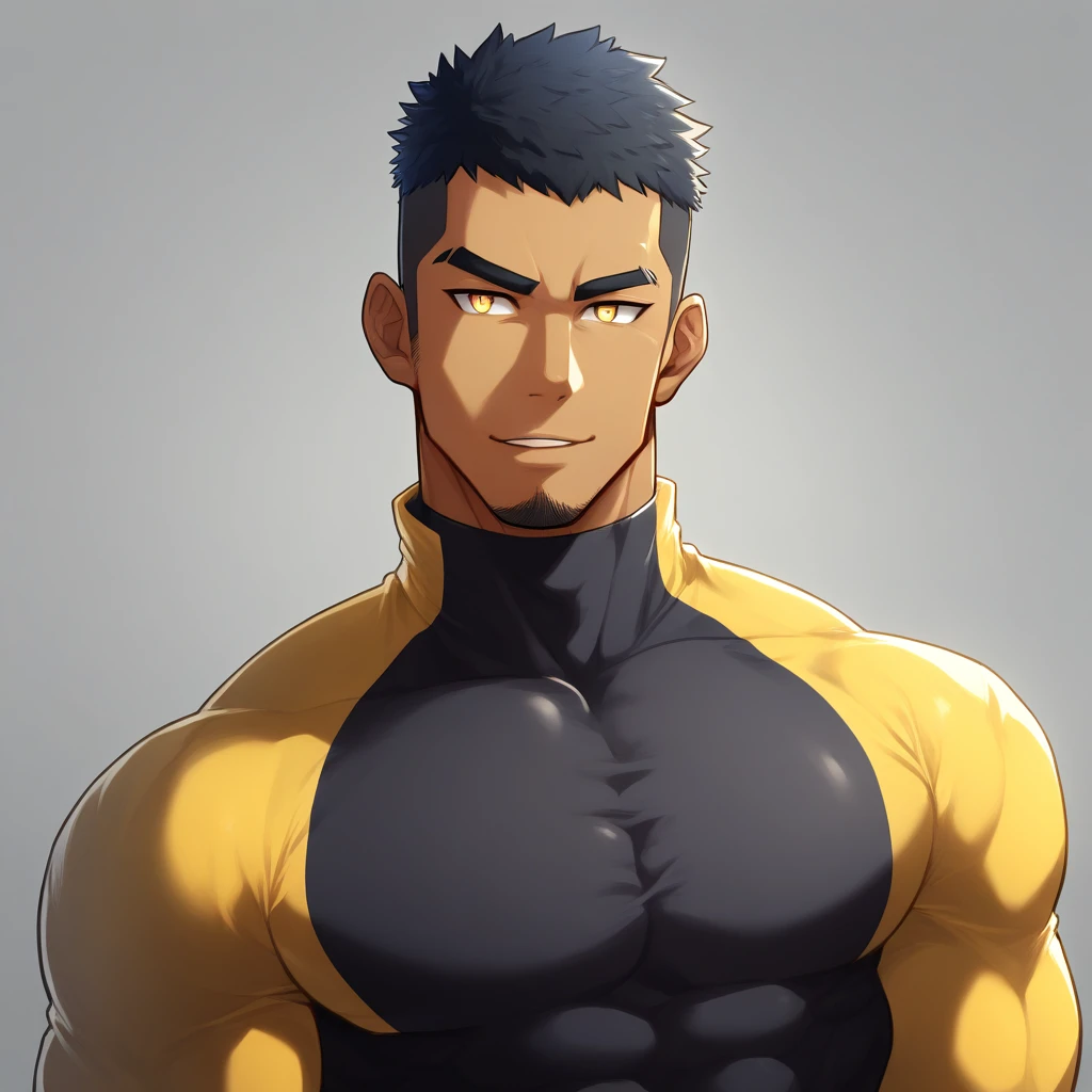 anime characters:Gyee, Muscle Sports Student, ????? black skin, 1 dark skin muscular tough guy, Manliness, male focus, Light yellow high collar long sleeve tight T-shirt, Slightly transparent material, Very tight, Round, full and perky chest muscles, Slightly transparent, muscular male, muscular, only, Upper body, alone, Black short hair, Thick eyebrows, stubble, Yellow eyes, Grey background, simple background, amazing quality, best aesthetics, Ridiculous, bright pupils, crew cut, parted lips, seductive smile, torogao, naughty face, drop shadow, best quality