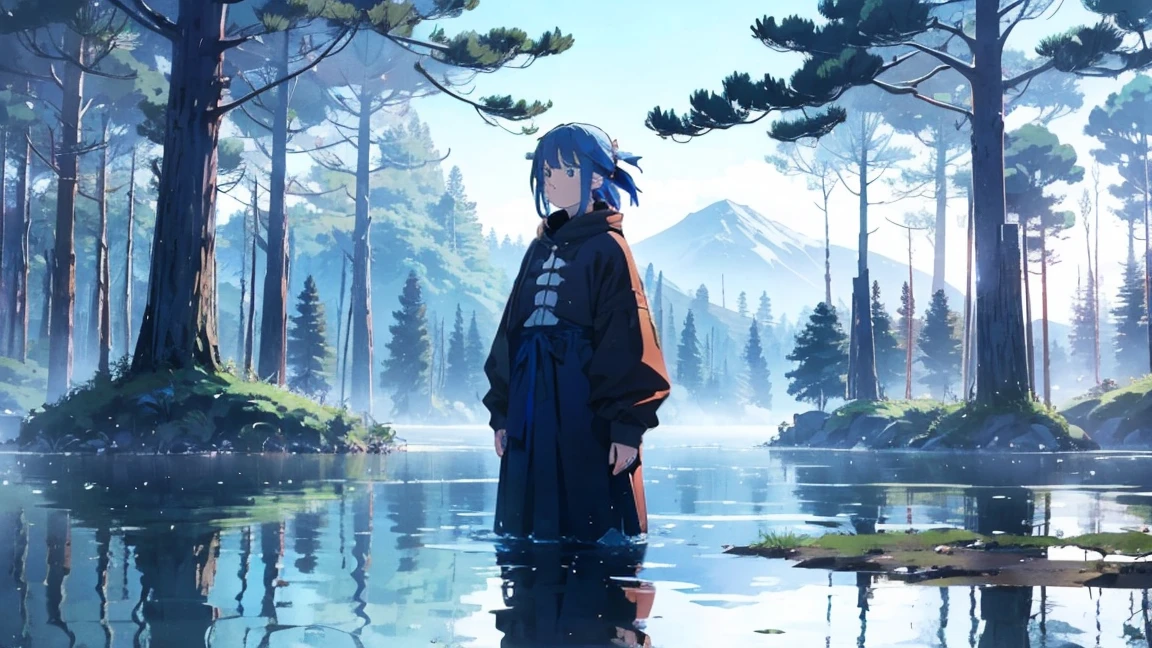 Billie Eilish is、Tall Tree々It stands on a lake surrounded by、Surrounded by bluebirds。