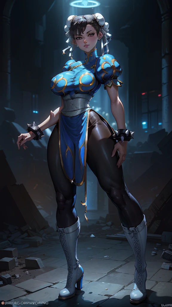 (La Best Quality,A high resolution,Ultra - detailed,actual),Selena Gomez es chun-li,,(Ruined dungeon ruins background cyberpunk :1.4 ), Beautiful young woman in blue dress，smile，(white boots:1.4) ，Exquisite facial features，tie hair, (black leggings:1.4) ，blue clothes,( blue skirt:1.4) , ，front standing posture ，facing the audience，(full body Portrait) ，gray background, ,(Ruined dungeon ruins background:1.4 ), (perfect anatomy :1.4), (face detailed :1.4), (Selena Gomez :1.4), (Chun Li :1.4),( Chun Li V2.1), More detailed 8K.unreal engine:1.4,UHD,La Best Quality:1.4, photorealistic:1.4, skin texture:1.4, Masterpiece:1.8,first work, Best Quality,object object], (detailed face features:1.3),(The correct proportions),(Beautiful blue eyes),  (cowboy pose),( cinematic lighting :1.4) 