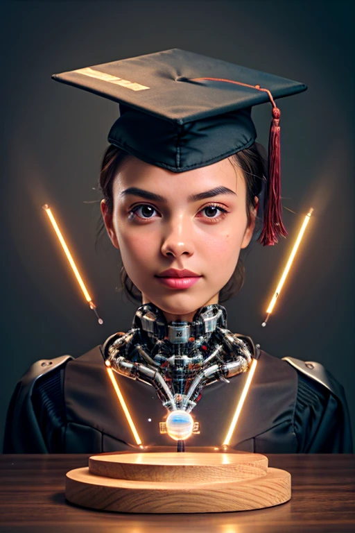 "a logo which have about physics chemistry commerce and artificial intelligence in an robot head with graduate cap" for an education institutions