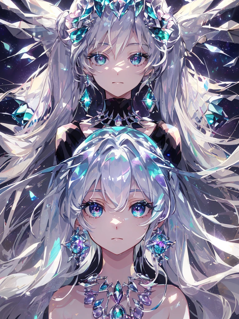 masterpiece, highest quality, figure, alexandrite eyes and hair, platinum earrings, Platinum Necklace, white dress, The Little Mermaid, cute, (dynamic lighting:1.2), cinematic lighting, delicate features, fine eyes, sharp pupils, realistic student, Depth of bounds written, Bokeh, sharp focus, (very detailed, bloom, shine:1.4), Many Small Gems, hatsune miku