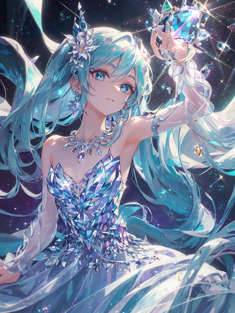 masterpiece, highest quality, figure, alexandrite eyes and hair, platinum earrings, Platinum Necklace, white dress, The Little Mermaid, cute, (dynamic lighting:1.2), cinematic lighting, delicate features, fine eyes, sharp pupils, realistic student, Depth of bounds written, Bokeh, sharp focus, (very detailed, bloom, shine:1.4), Many Small Gems, hatsune miku
