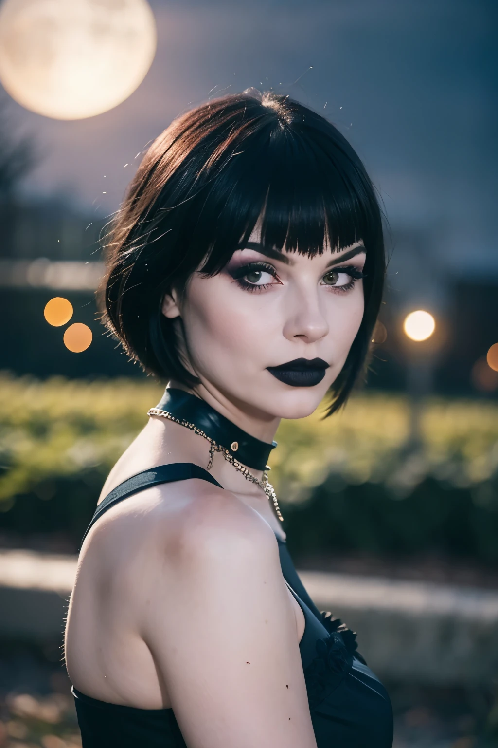 Generate a hyper-realistic image that employs the shallow depth of field technique, Head and sholders portrait to highlight a pretty goth girl wearing a gothic dress, ((cut hair with fringe)), at ((night in a creepy cemitery)) setting, (((under the moonlight))). The girl should be the focal point, with crisp clarity, while the background of the forest should be gently blurred to create a bokeh effect. (((black roses In the foreground))) should be visible but blurred, adding depth to the composition.", adding depth to the composition. Sony Alpha A7R III, macros lens , f/5.6. ((Cinematic purple Lighting)) .