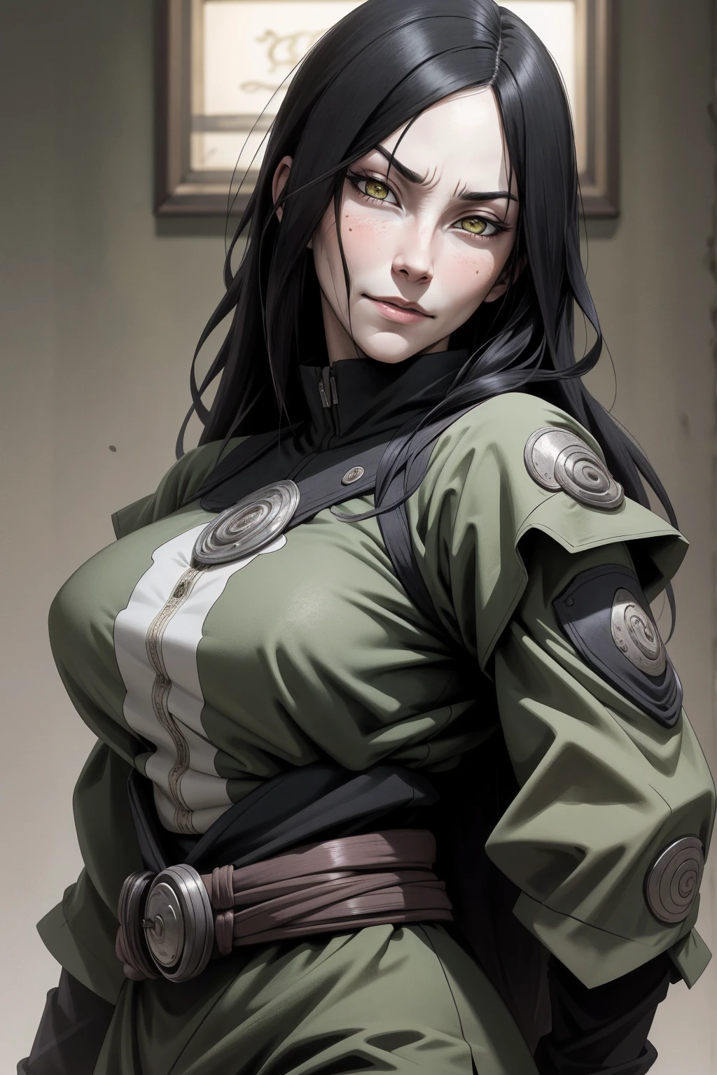 {-erro_de_anatomia:1.0} estilo anime, Masterpiece, absurdities, Orochimaru\(Naruto\), 1girl Solo, Mature woman, Oversized shirt with broad shoulders, Perfect composition, Detailed lips, large breasts, Beautiful face, body proportion, Blush, Long black hair, ( black hair), yellow eyes, (sexy), Soft gauze, Super realistic, Detailed, photo shoot, Realistic faces and bodies, masterpiece, best quality, best illustration, hyper detailed, 1 girl, solo, glamorous, blushing, upper body, backwards, looking back, dimanic poses