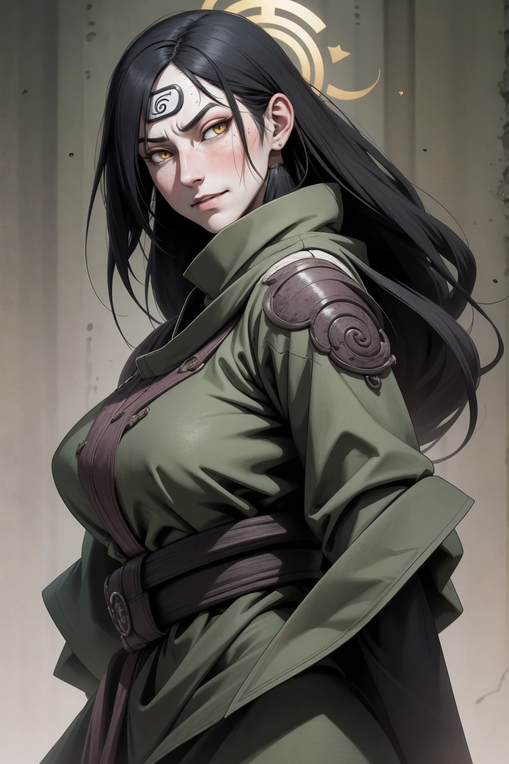 {-erro_de_anatomia:1.0} estilo anime, Masterpiece, absurdities, Orochimaru\(Naruto\), 1girl Solo, Mature woman, Oversized shirt with broad shoulders, Perfect composition, Detailed lips, large breasts, Beautiful face, body proportion, Blush, Long black hair, ( black hair), yellow eyes, (sexy), Soft gauze, Super realistic, Detailed, photo shoot, Realistic faces and bodies, masterpiece, best quality, best illustration, hyper detailed, 1 girl, solo, glamorous, blushing, upper body, backwards, looking back, dimanic poses