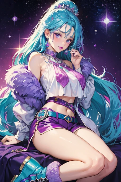Cosmic Queen has fair skin with indigo eyes and violet lipstick. Her blushed cheeks are faint purple. She has glittering turquoise hair worn in several vertical rolls. She wears a glittering purple top with shiny, fuchsia puffy shorts. These are paired with silver moon boots and a matching geometric belt. SPARKLE; GLITTER