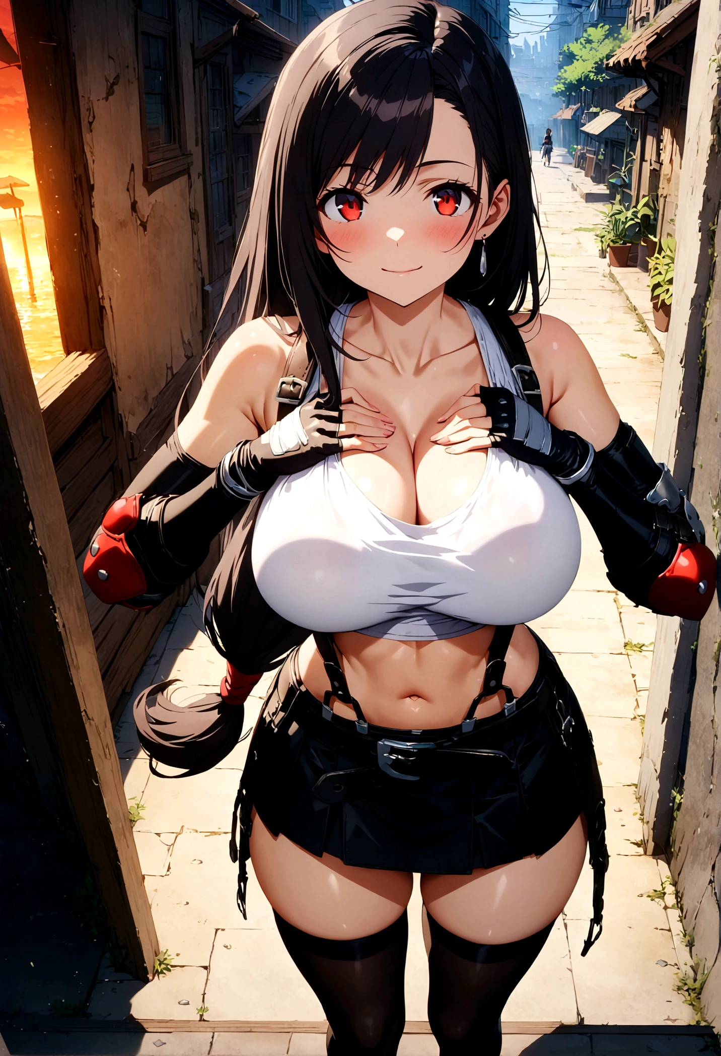 score_9, score_8_up, score_7_up,4k, ,BREAK , from front,from above,breast focus,standing,straight-on,(breast suppress,breasts squeezed together),,(medium shot),looking_at_viewer ,1girl, tifa lockhart, final fantasy, tareme,black hair, low-tied long hair, red eyes, bangs, white tank top, belt, pleated skirt, thighhighs, elbow fingerless gloves, elbow pads, midriff, navel,suspender skirt ,big_breasts,(light smile),Curvy waist ,Solo,,(midnight and beachside and city),Toned,,detailed skin,(best quality),(aesthetic,very aesthetic),masterpiece, highres,4k,(ultra-detailed:1.4) (illustration:0.4), (ray tracing,:0.7),(anime colored:0.7),(ai-generated:0.5), (anime screencap:0.8),