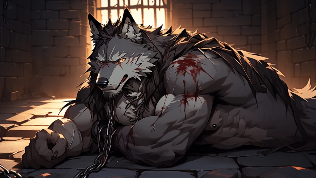 (best quality), (photorealistic:1.2), (masterpiece:1.3), (realistic detail:1.2), highest quality, ultra detailed, 8k, RAW photo, (mature male wolf:1.3), (extreme detail:1.3), (gray fur:1.2), facial hair, long hair, white braided hair, (blood:1,6),(elderly:1.2), (emaciated:1.3), nude, (muscular:0.9), (battered body:1.4), bleeding, (heavily scarred:1.4), shackled, (chained:1.4), (dungeon:1.3), (torture:1.3), (extreme pain:1.5), (semiconscious:1.3), (lying on ground:1.3), (weak:1.4), (suffering:1.5), (dim lighting:1.2)