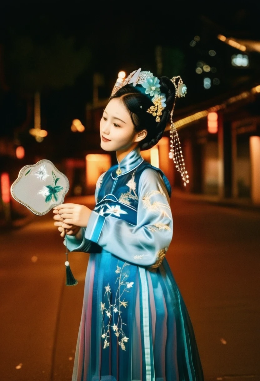 photography,Inspired by Song Huizong,4K,hanfu,multi -layer transparent and embroidered silk fabric,elegant
,photo by Wong Kar-wai, a 18 year old Chinese girl, wearing an
embroidery craft cheongsam, holding a fan, wearing a delicate headdress
on her head, backgroundat night,no lights at all,very beautifl stars,at the center of the very ruined city,ruined skyscrapers