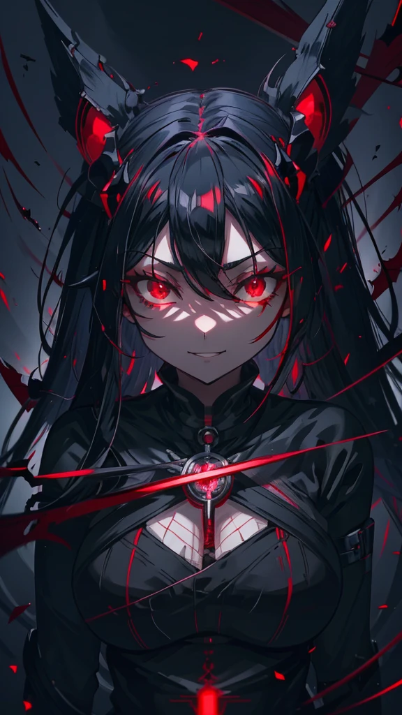 anime girl With red eyes and black hair with a black dress, Devil Anime Girl, With eyes that glow red, everyone, Red eyes glow, With red eyes, Beautiful and detailed anime art, Wicked smile and glowing eyes, Detailed digital anime art, Detailed Key Anime Art, Vampire Girl, Gap Moe Yandere Grimdark, Anime Monster Girl