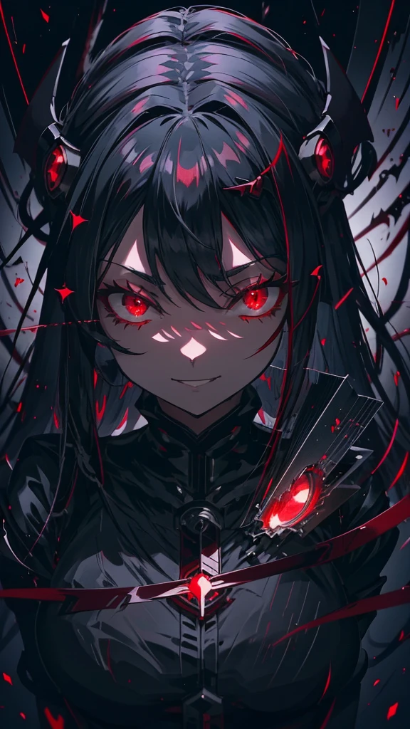 anime girl With red eyes and black hair with a black dress, Devil Anime Girl, With eyes that glow red, everyone, Red eyes glow, With red eyes, Beautiful and detailed anime art, Wicked smile and glowing eyes, Detailed digital anime art, Detailed Key Anime Art, Vampire Girl, Gap Moe Yandere Grimdark, Anime Monster Girl