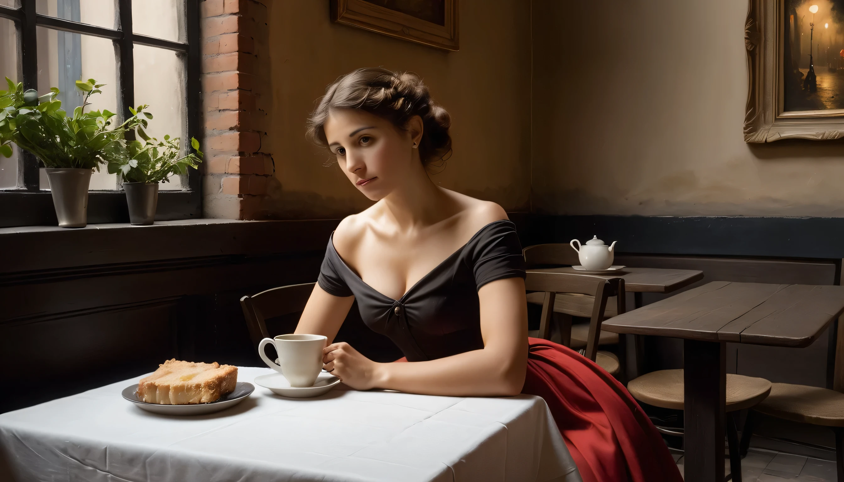 An oil painting in the style of Camille Corot depicts a 50-year-old woman in a very short, tight-fitting red dress with short, rare, light curly hair drinking hot tea, one leg crossed over the other. She is contemplating divorce from her husband. On the table, there is a plate with salad and a brownie. In the background, there are brick walls and vaults of a cozy, small, cramped café in Buenos Aires adorned with two paintings by the artist Camille Corot. There is one candle in a glass holder, with evening light streaming in through the window.