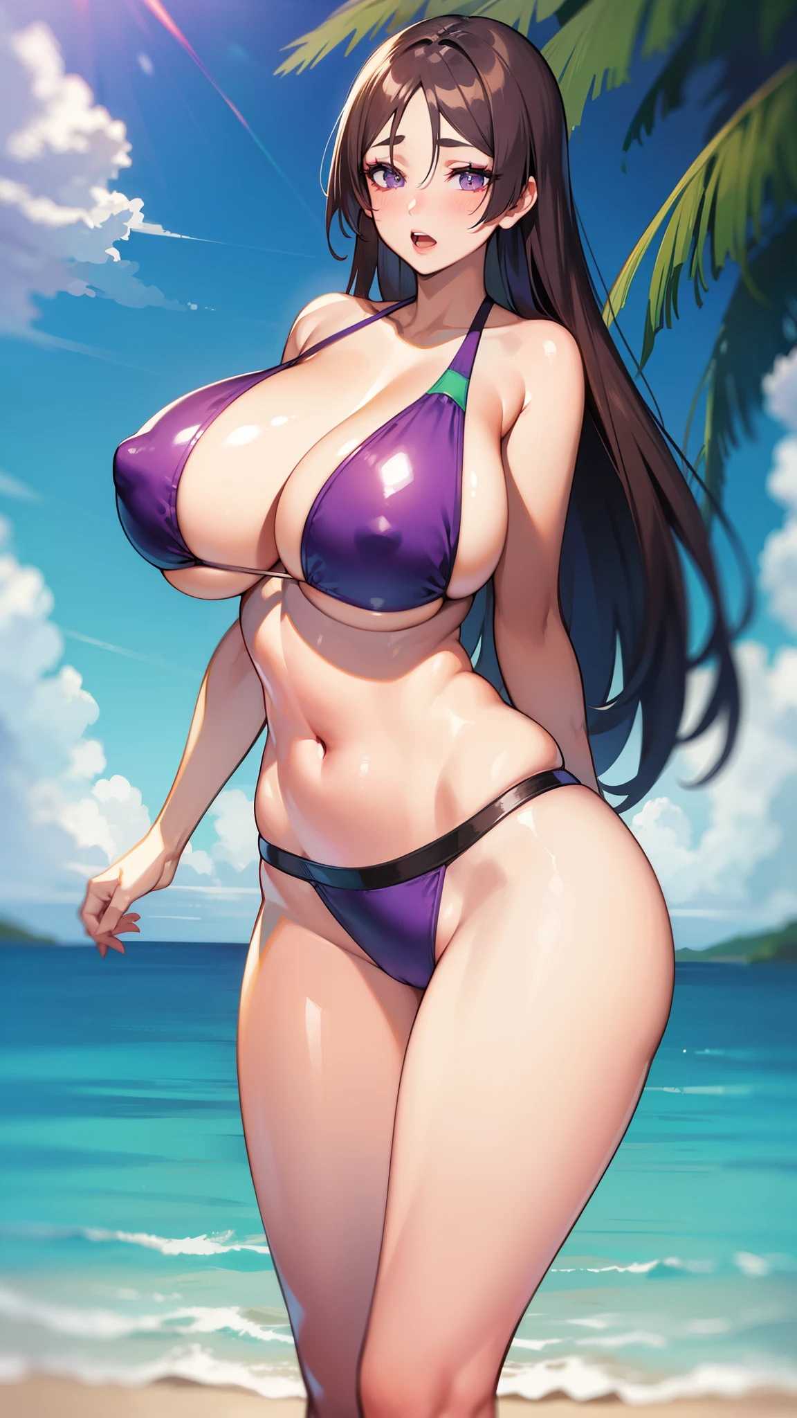 ,Open mouth, large breasts,wide hips,purple hair,long hair,blush,,standing,cowboy shot,navel,Bright glossy screen,,brown hair,,open mouth, ,,huge breasts,,narrow waist,navel , eyelashes, eyeshadow, lips,, 8k, hdr, raytracing,beach,competition swimsuit,