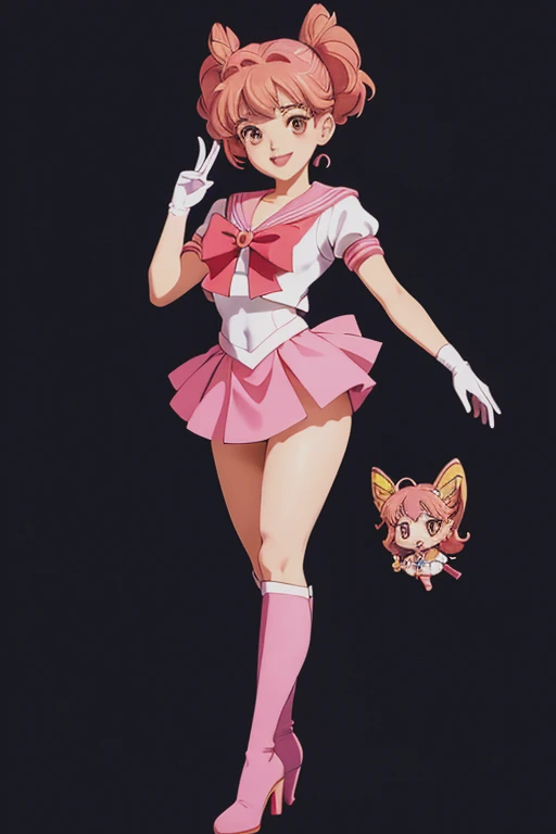2 girls in the picture, sailor_Chibi_officer, sailor_sakura_card_captor, affected smile, whole body, medium breasts, Pretty girl, beautiful face, 8cm high heel platform boots, long legs, sexy, lust, (Masterpiece, Best Quality, ultra detailed:1.3)