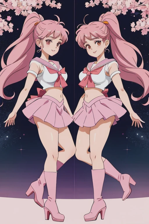 2 girls in the picture, sailor_Chibi_officer, sailor_sakura_card_captor, affected smile, whole body,  medium breasts, Pretty girl, beautiful face, 8cm high heel platform boots, long legs, sexy, lust, (Masterpiece, Best Quality, ultra detailed:1.3)