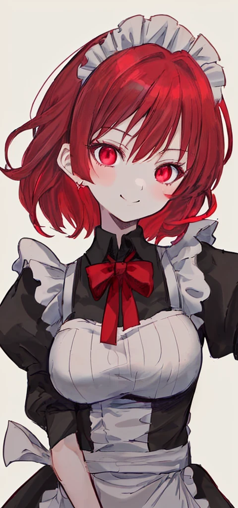 Red hair，Hair growing to the neck，Slightly short，Self-made roll，Black maid outfit，Cold expression，1.53 meters，Big Breasts，Shorter，Good posture，Sharp eyes，High and cold，Smiling，Front view，The body is strong，