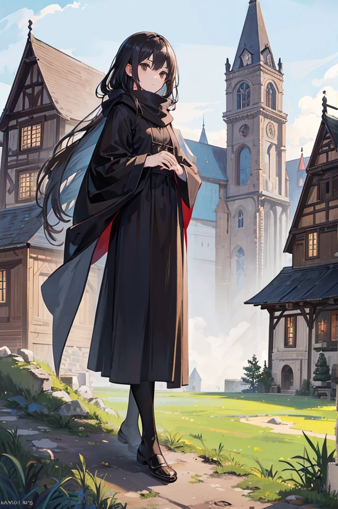 1girl, black hair, black eyes, long hair, adventurer, full body, standing, upright, medieval setting, small village, wooden buildings, grass, dirt, good proportions, detailed face, looking towards the viewer, serious expression, (black robes with white shawl), (brown scarf)