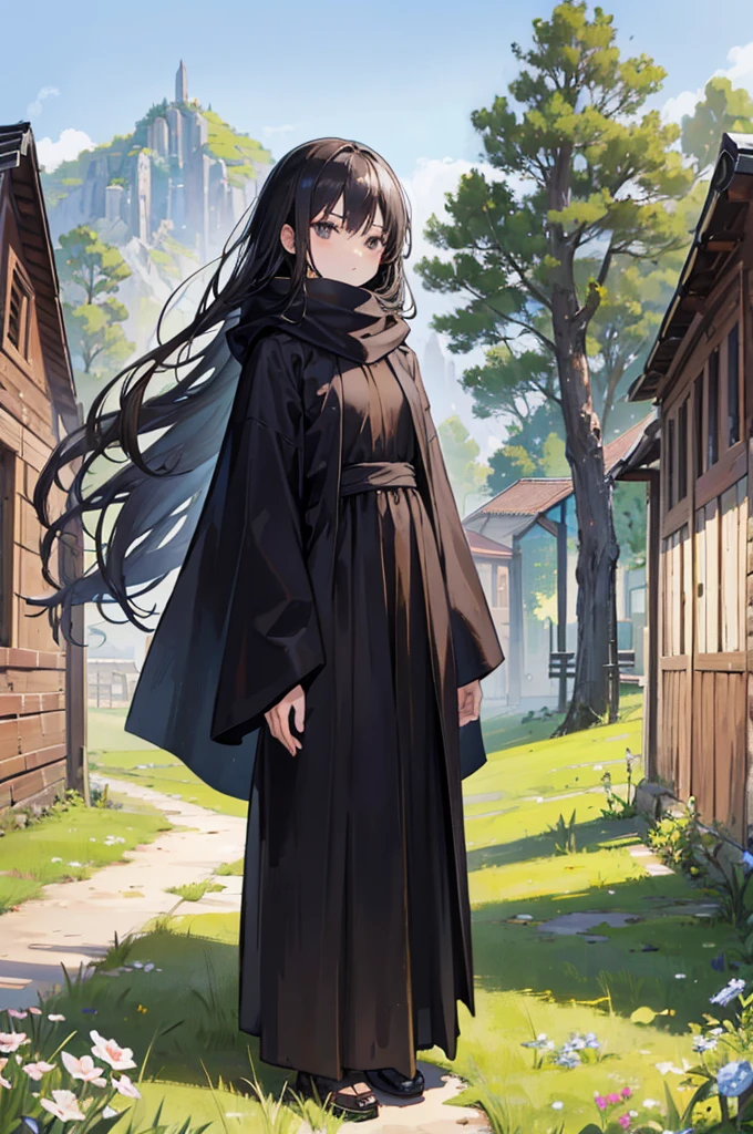 1girl, black hair, black eyes, long hair, adventurer, full body, standing, upright, medieval setting, small village, wooden buildings, grass, dirt, good proportions, detailed face, looking towards the viewer, serious expression, (black robes with white shawl), (brown scarf)