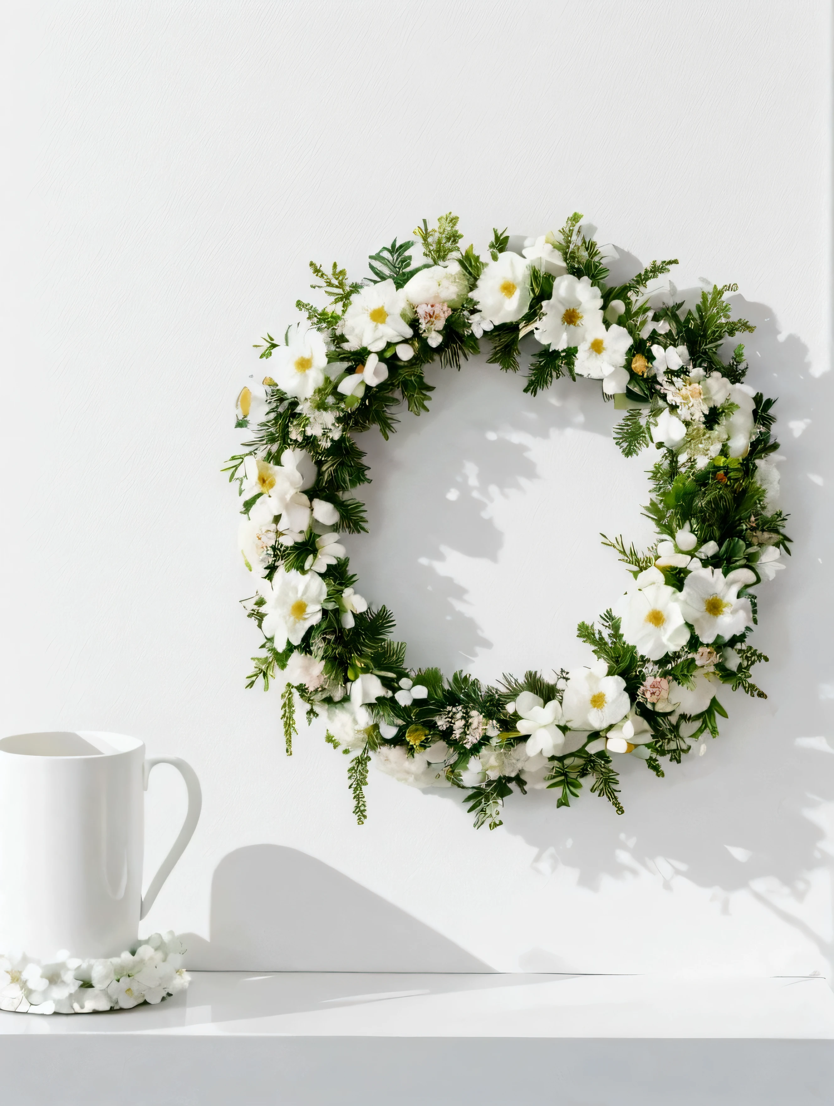 White background,a wreath, Made of flowers, Perfect minimalist composition, , elegant composition, Beautiful composition 3-d 4k, Background still life photo