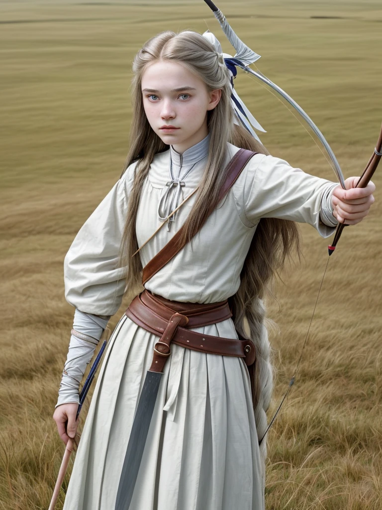 16 year old woman, having your hair long, Whites , olhos Whites. carrying a bow on his back, and a knife in his waist, with typical clothing of an archer from medieval times, at the bottom of a large grass plain. create realistic image, with attention to details and your hair.