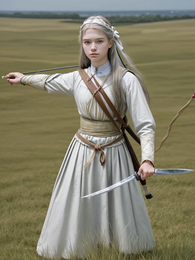16 year old woman, having your hair long, Whites , olhos Whites. carrying a bow on his back, and a knife in his waist, with typical clothing of an archer from medieval times, at the bottom of a large grass plain. create realistic image, with attention to details and your hair.